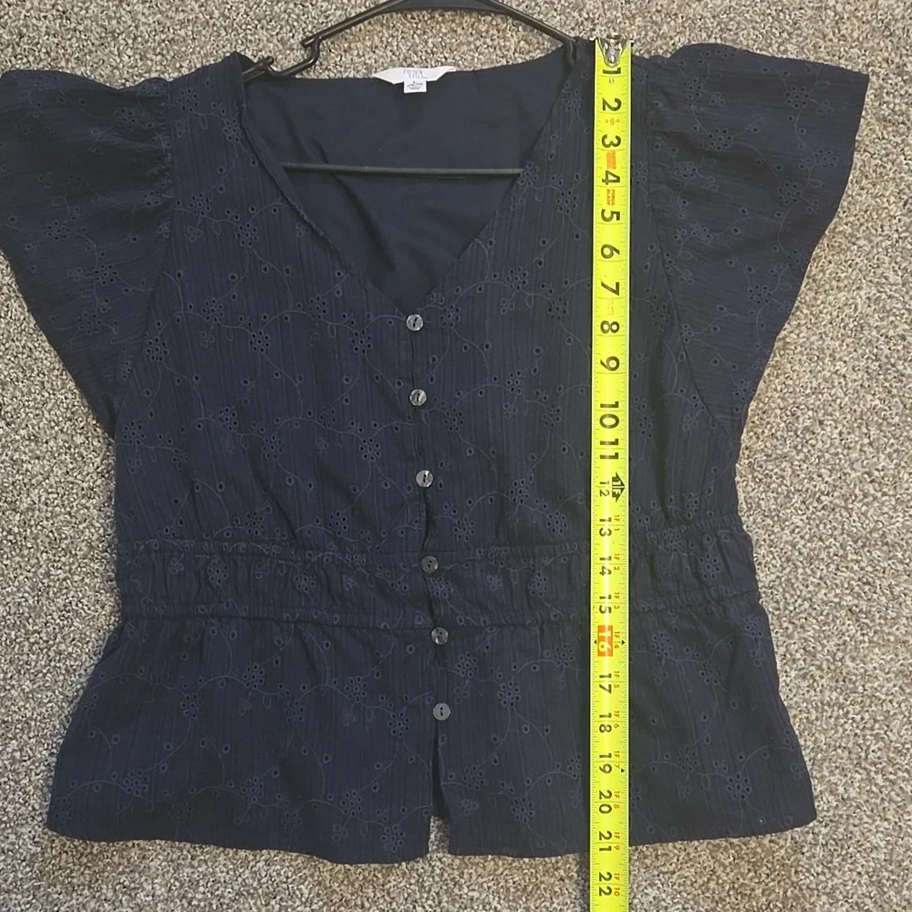 Time and Tru Navy Eyelet Button-Up Blouse